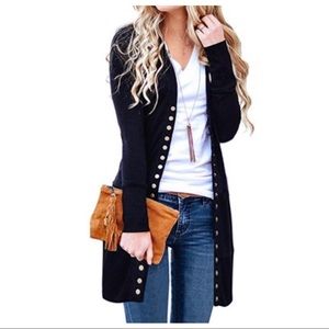 Black longline snap closure cardigan